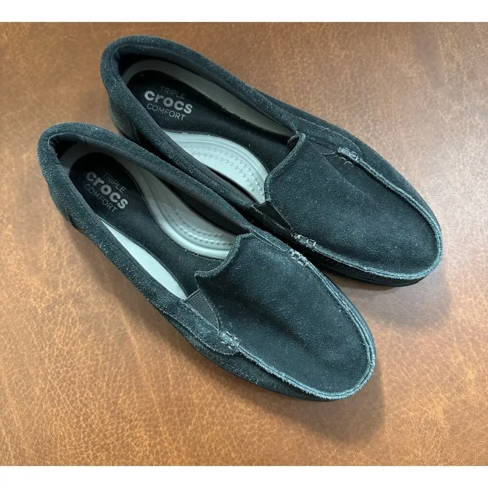Crocs Walu II Suede Leather Loafer Boat Deck‎ Slip On Shoe Size 8 Wide Black